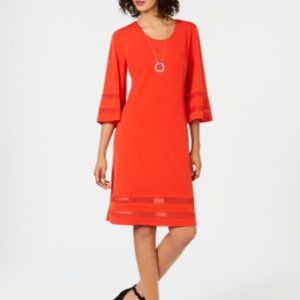 ~Hot Red Mesh-Inset 3/4 w/ Necklace Sheath Dress~